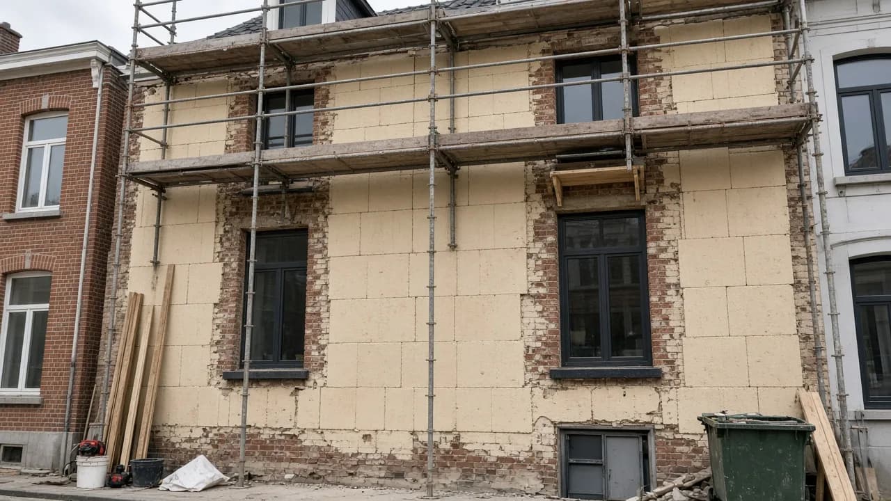 Façade en cours d'isolation par l'extérieur